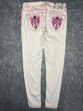 Load image into Gallery viewer, Raw Blue Y2K Pink Embroidered Angel Wing Gothic Cross Skinny 2000s Jeans, Size S
