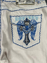 Load image into Gallery viewer, Raw Blue Gothic Angel Wing Y2k White Blue Embroidered Grunge Jeans, Size Small
