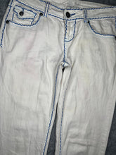 Load image into Gallery viewer, Raw Blue Gothic Angel Wing Y2k White Blue Embroidered Grunge Jeans, Size Small
