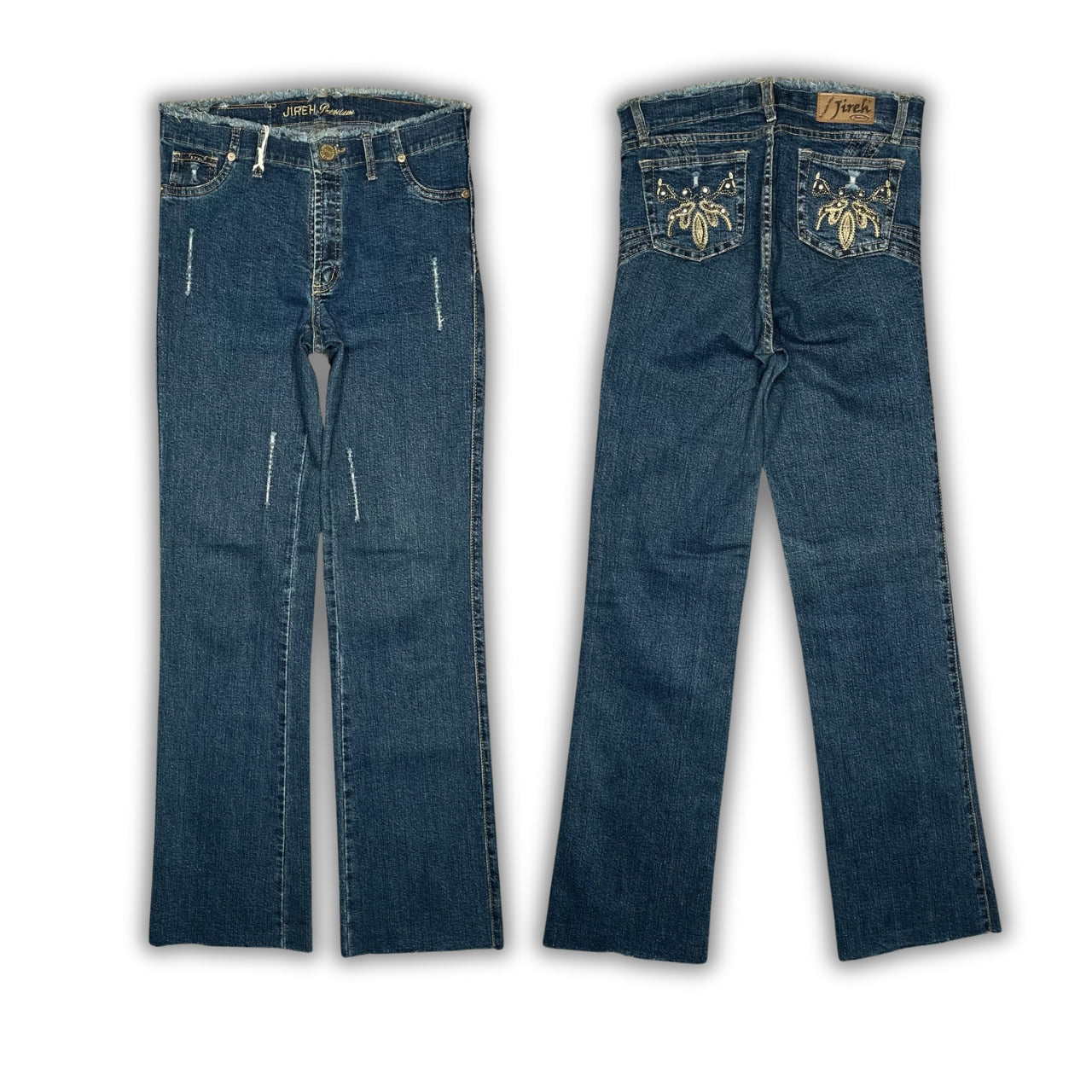 Jireh Premium 2000s Frayed Waist Embroidered Pocket Distressed Leg Jeans