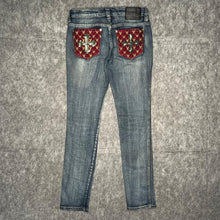 Load image into Gallery viewer, Violet Pink Gothic Cross Sequin Red Blue Y2K Mcbling Skinny Jeans, Waist 30
