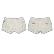 Load image into Gallery viewer, Miss Me White Zipper Pocket Distressed Hem Y2K Mid~Rise Mini Shorts, Waist 30
