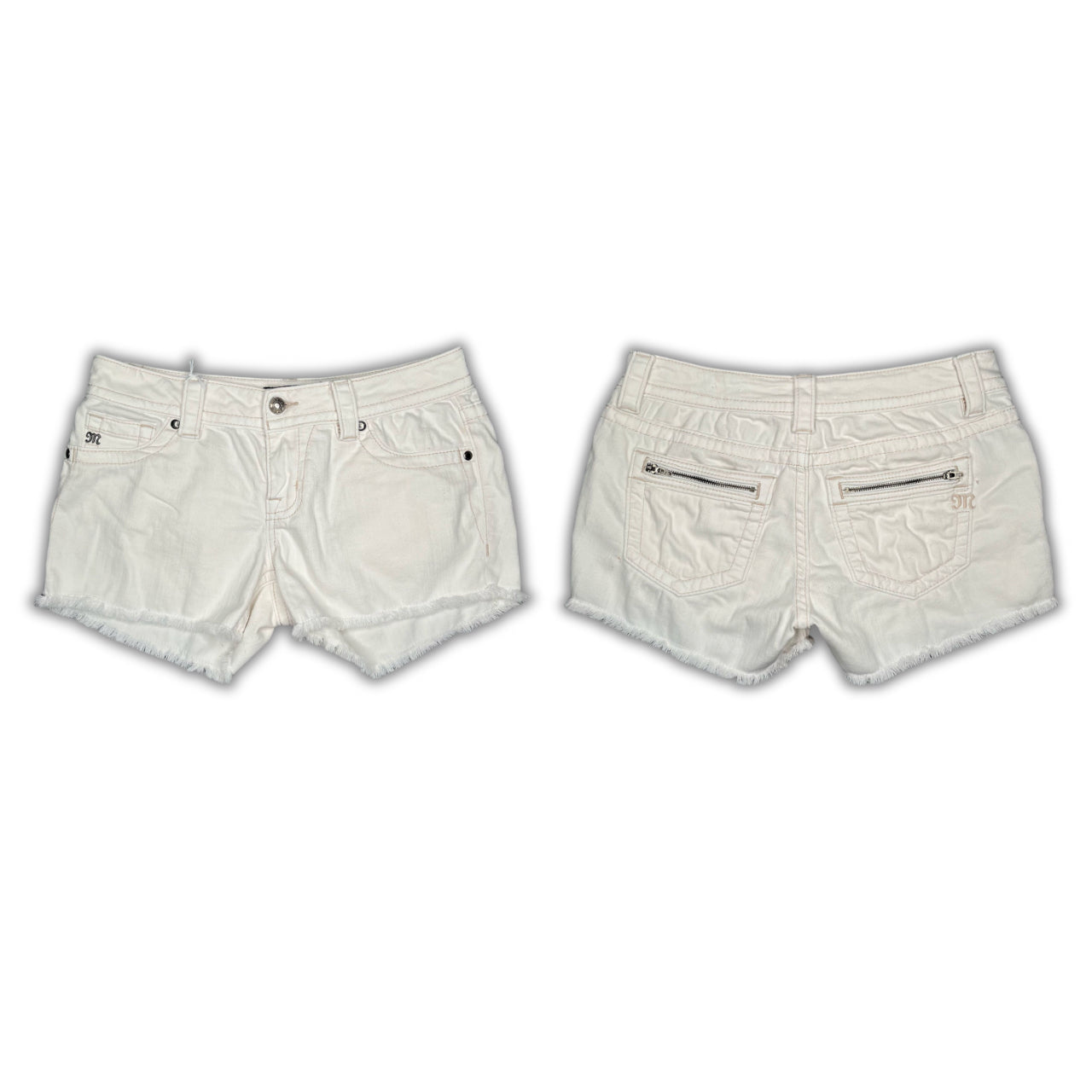 Miss Me White Zipper Pocket Distressed Hem Y2K Mid~Rise Mini Shorts, Waist 30