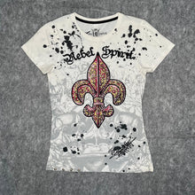 Load image into Gallery viewer, Rebel Spirit Fleur De Lis Rhinestone Y2K Mcbling White Red 2000s Top, Size M
