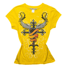 Load image into Gallery viewer, Y2K Yellow Angel Wing Gothic Cross 2000s Sparkly Top, Size Large
