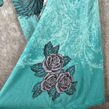 Load image into Gallery viewer, Sinful Graphic Winged Dagger Roses Tee Turquoise Distressed Style Size XL

