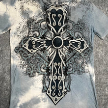 Load image into Gallery viewer, Ring of Fire Light Blue Tie Dye Gothic Cross Chrome Cyber Top, Size Medium
