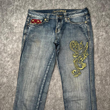 Load image into Gallery viewer, Violet Pink Gothic Cross Sequin Red Blue Y2K Mcbling Skinny Jeans, Waist 30
