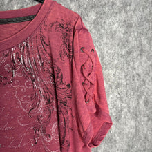 Load image into Gallery viewer, Maurices Pink Diamante Fleur De Lis &amp; Baroque Corset Sleeve Grunge Top, Size XXL
