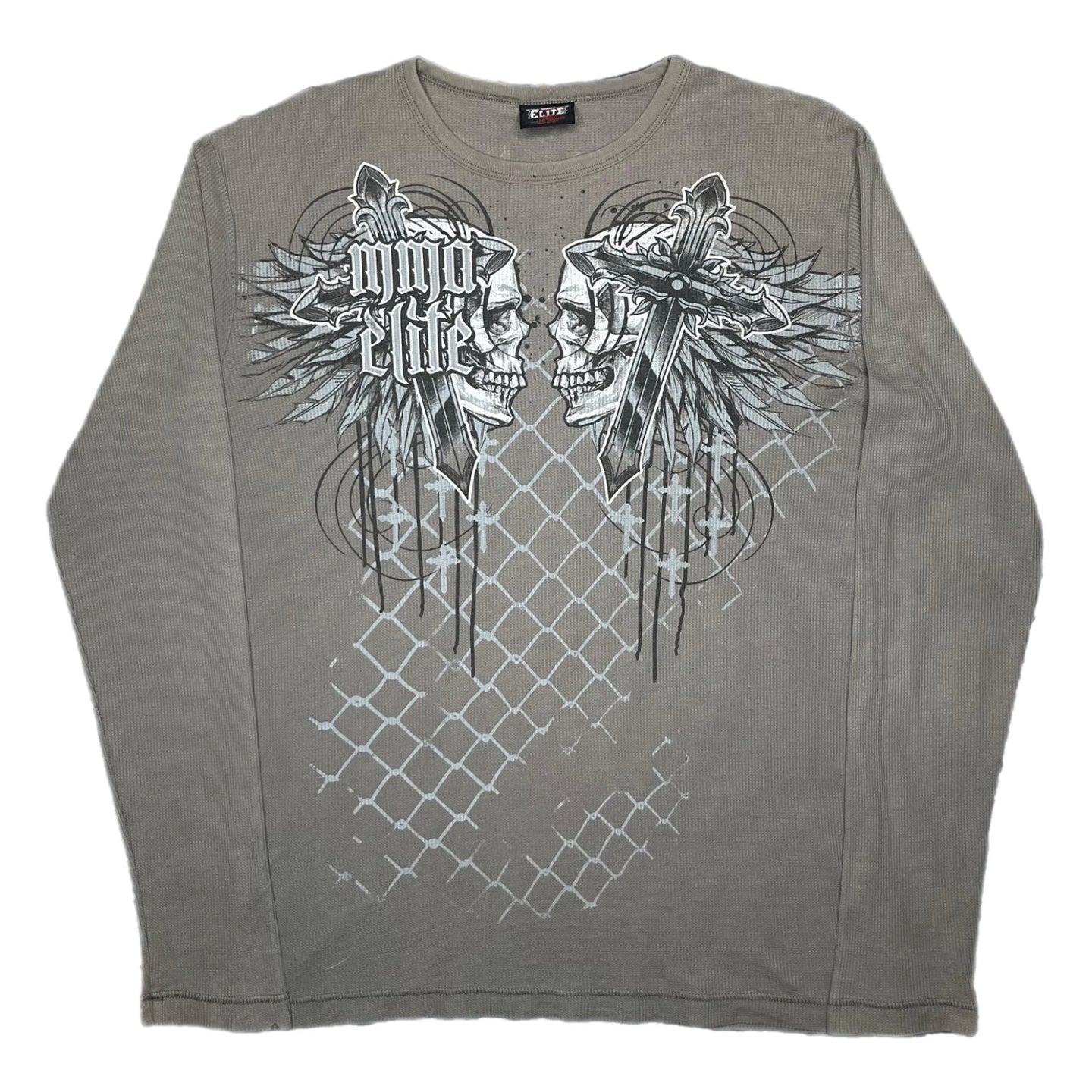 MMA Elite Brown Skull Gothic Grunge Long Sleeved Angel Wing Cyber Top, Size L