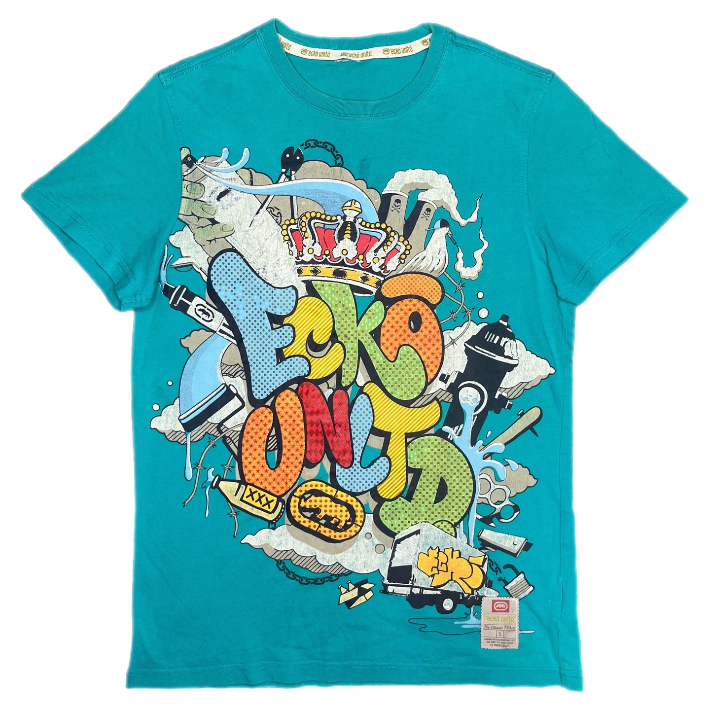 Ecko Blue Y2K Graffiti Streetwear Multi Vintage Top, Size XS-S