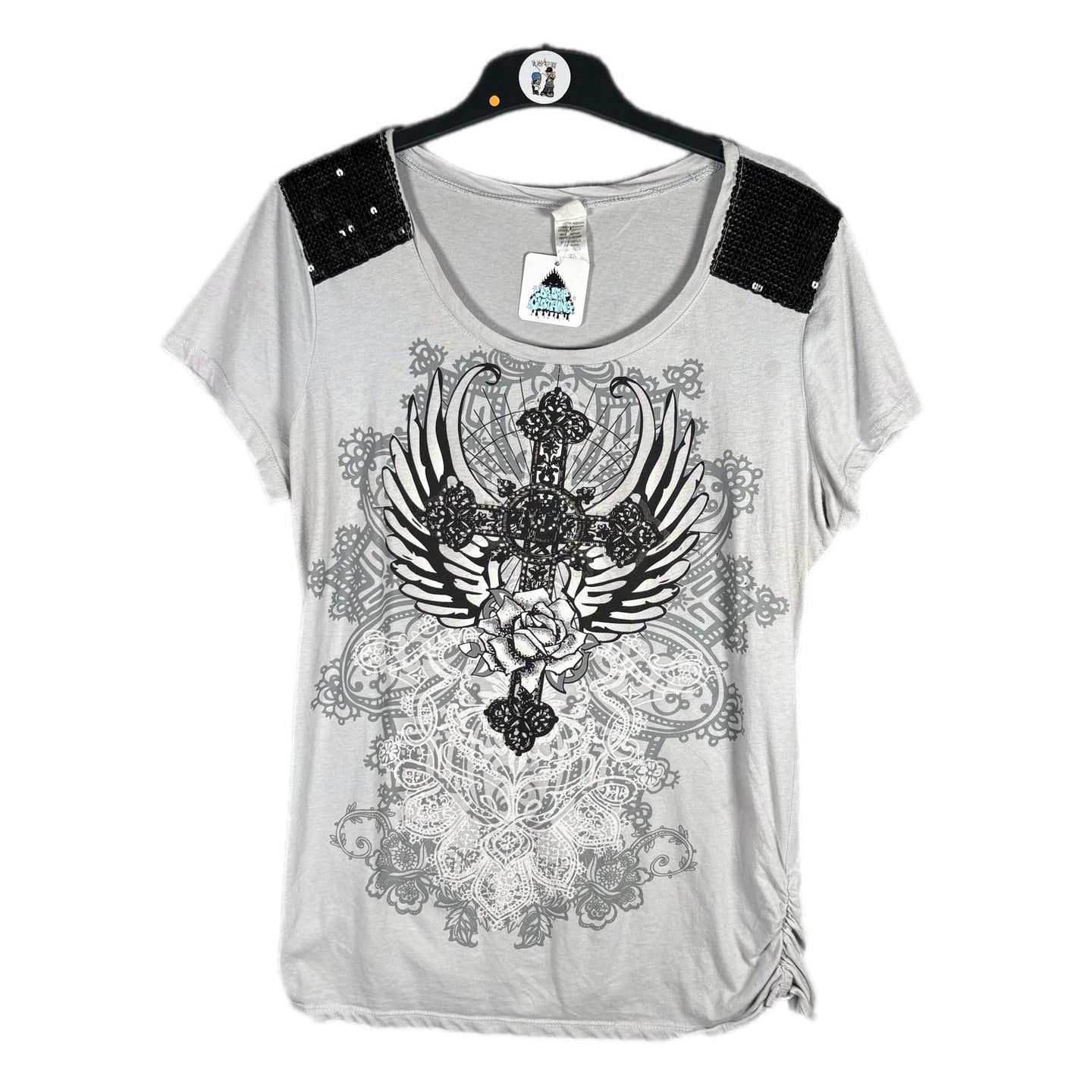 Grey Graphic Wings Cross Tee with Sequin Shoulders – Size 2XL