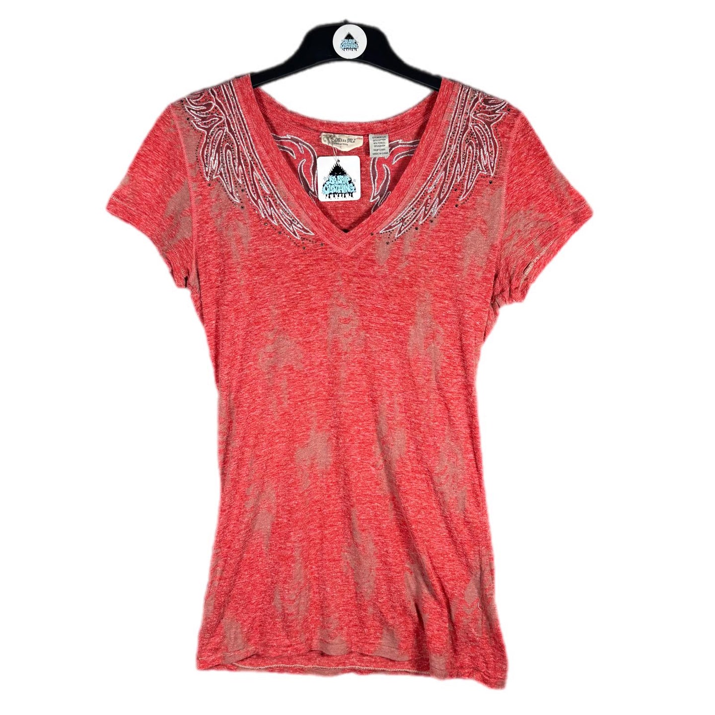 Y2K Miss Me Wing Rhinestone Burnout V-Neck Tee Red, Size L