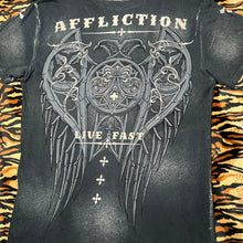 Load image into Gallery viewer, Affliction Cyber Tribal 2000s Gothic Angel Wing Live Fast Navy Grey Top, Size M
