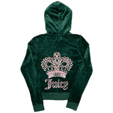 Load image into Gallery viewer, Juicy Couture Dark Green Pink Crown Tiara Y2K Mcbling Velour Zip Hoodie, Small
