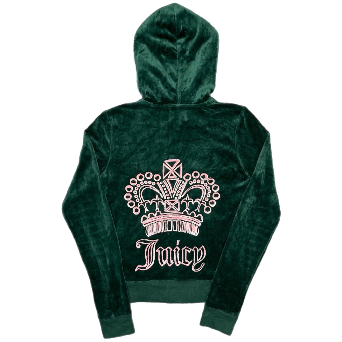 Juicy Couture Dark Green Pink Crown Tiara Y2K Mcbling Velour Zip Hoodie, Small