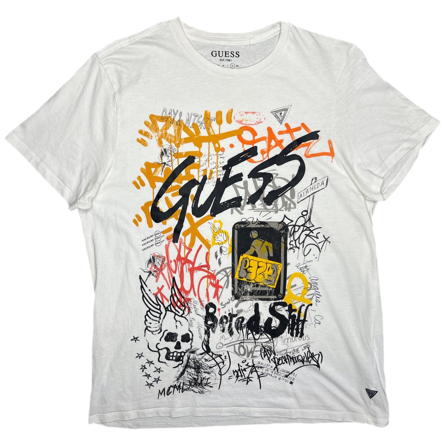 Guess Y2K Graffiti Grunge Skull White Graphic Top, Size XL