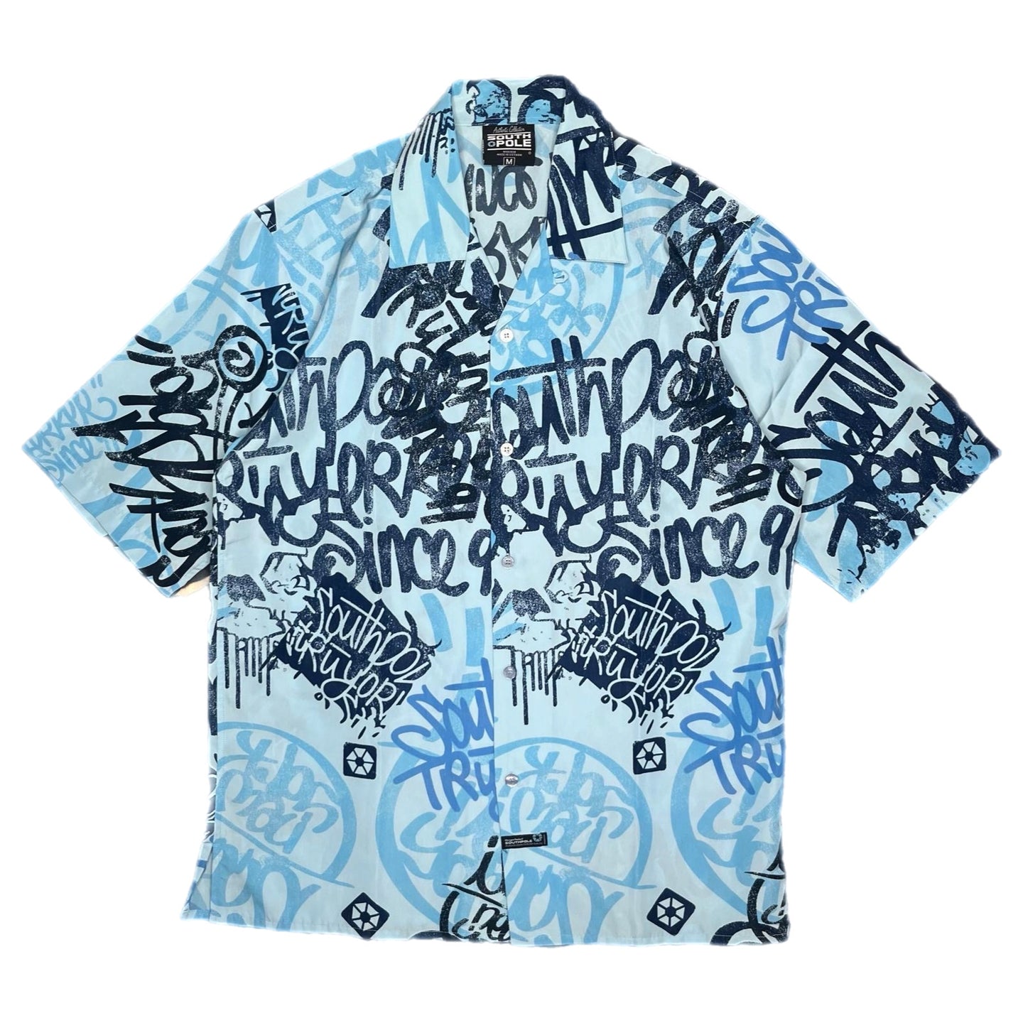 Southpole Y2K Graffiti Hiphop Blue Streetwear 2000s Button Shirt, Size M