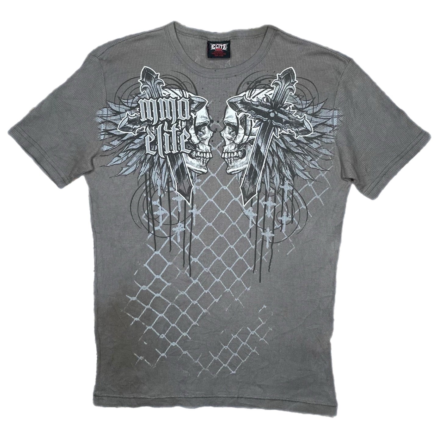 MMA Elite Grey Gothic Cross Skull Grunge 2000s Top, Size Medium