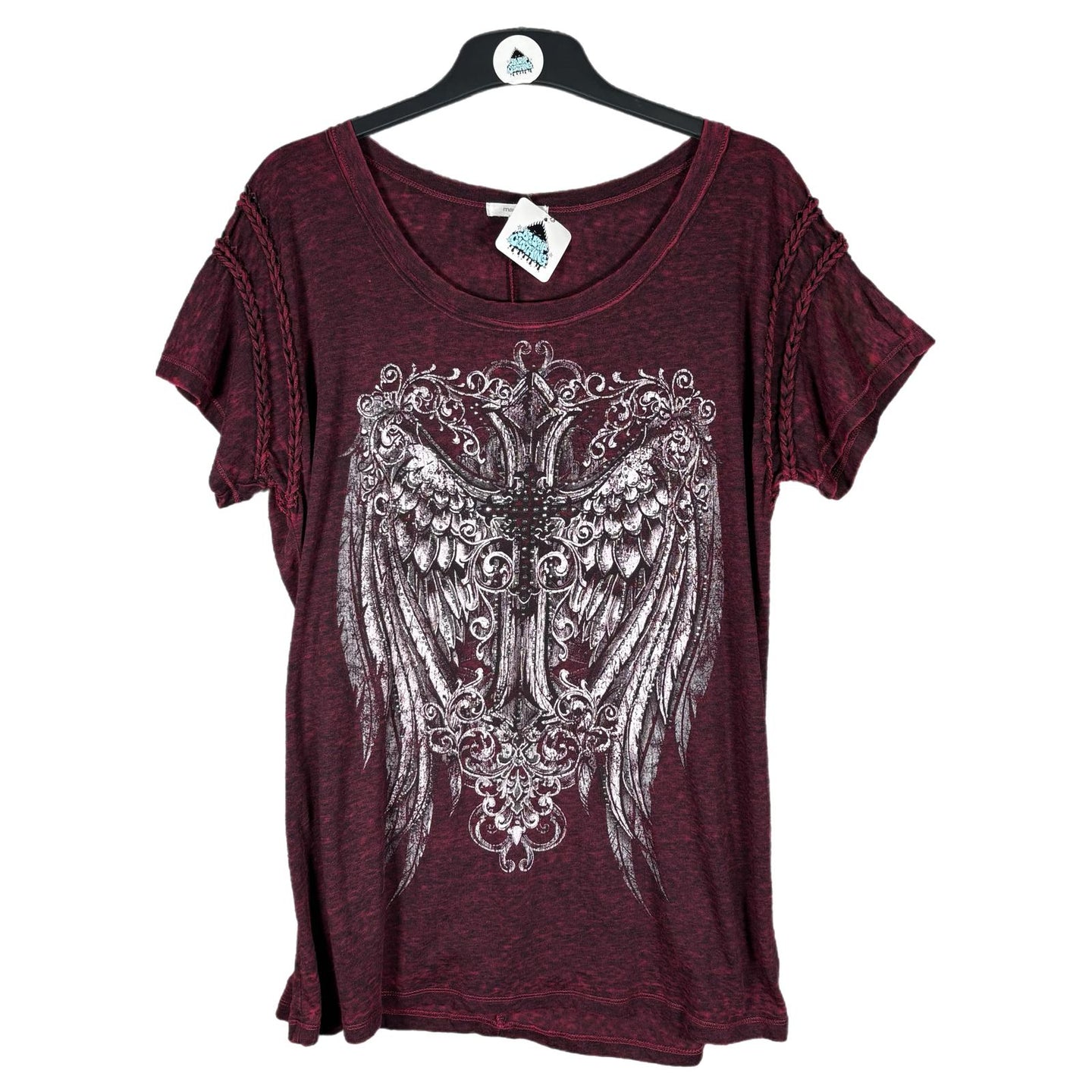 Y2K Maurices Burgundy Wing Graphic Tee Distressed Detail Women’s Size XL