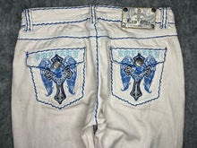 Load image into Gallery viewer, Raw Blue Gothic Angel Wing Y2k White Blue Embroidered Grunge Jeans, Size Small
