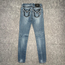 Load image into Gallery viewer, Miss Me Embroidered Big Stitch Diamante Logo Distressed Skinny Jeans, Waist 23
