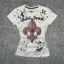 Load image into Gallery viewer, Rebel Spirit Fleur De Lis Rhinestone Y2K Mcbling White Red 2000s Top, Size M
