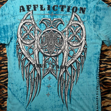 Load image into Gallery viewer, Affliction Blue Cyber Tribal Angel Wing Y2K 2000s Grunge Top, Size Large
