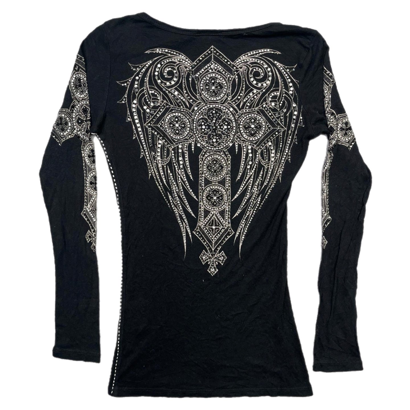 Vocal Rhinestone Mcbling Y2K Angel Wing Gothic Cross Long Sleeved Top,XS