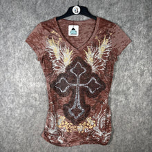 Load image into Gallery viewer, Rock 47 by Wrangler Y2K Mcbling Sequin Cross Brown Burnout Top Size Small
