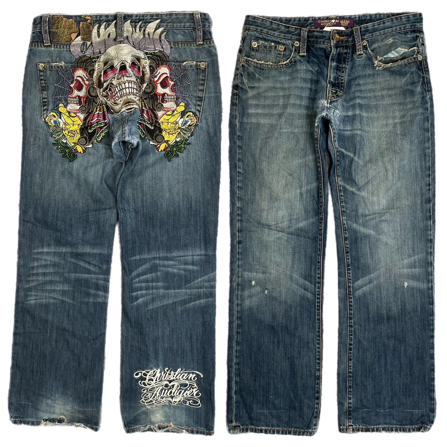 Christian Audigier Embroidered Skull Y2K 2000s Vintage Jeans, Waist 34