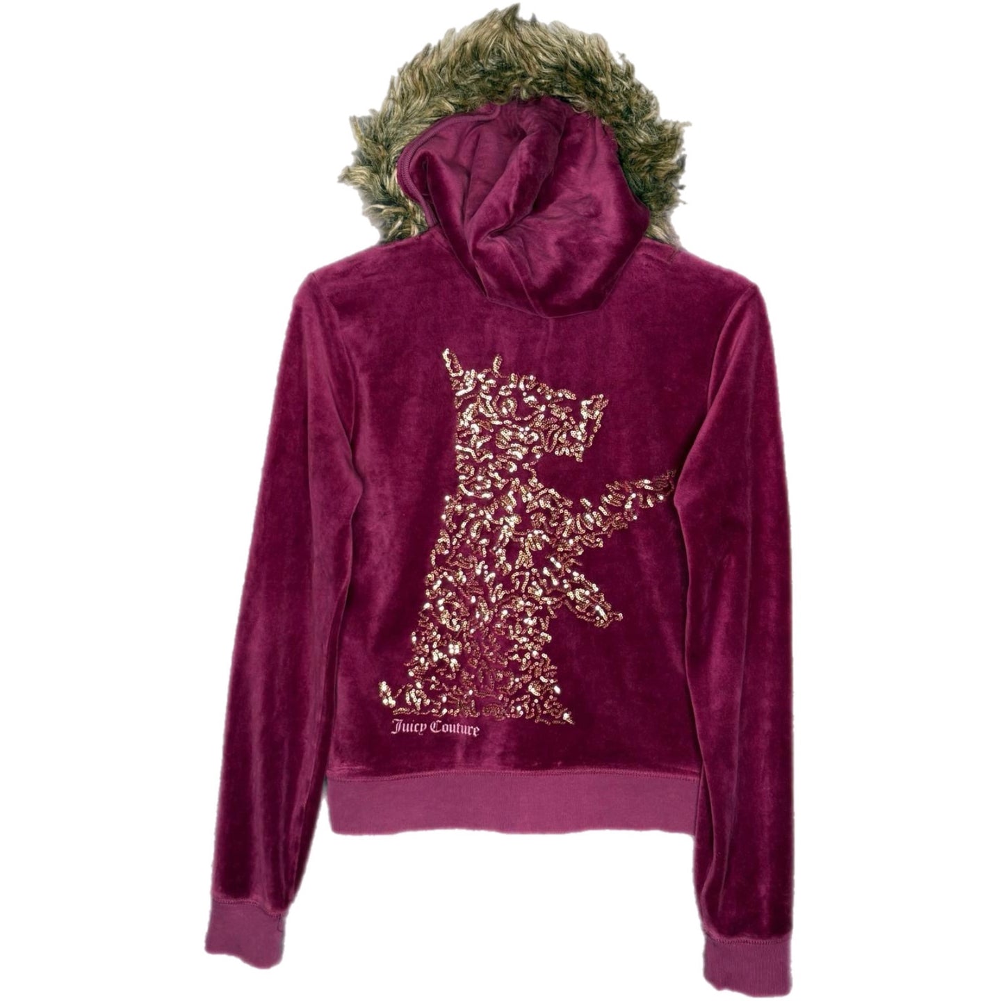 Juicy Couture Dark Pink Faux Fur Velour Y2K Scottie Dog Mcbling Hoodie, Size L