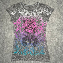 Load image into Gallery viewer, In Vein Y2K Grey Pink Mcbling Rose 2000s Top, Size Medium
