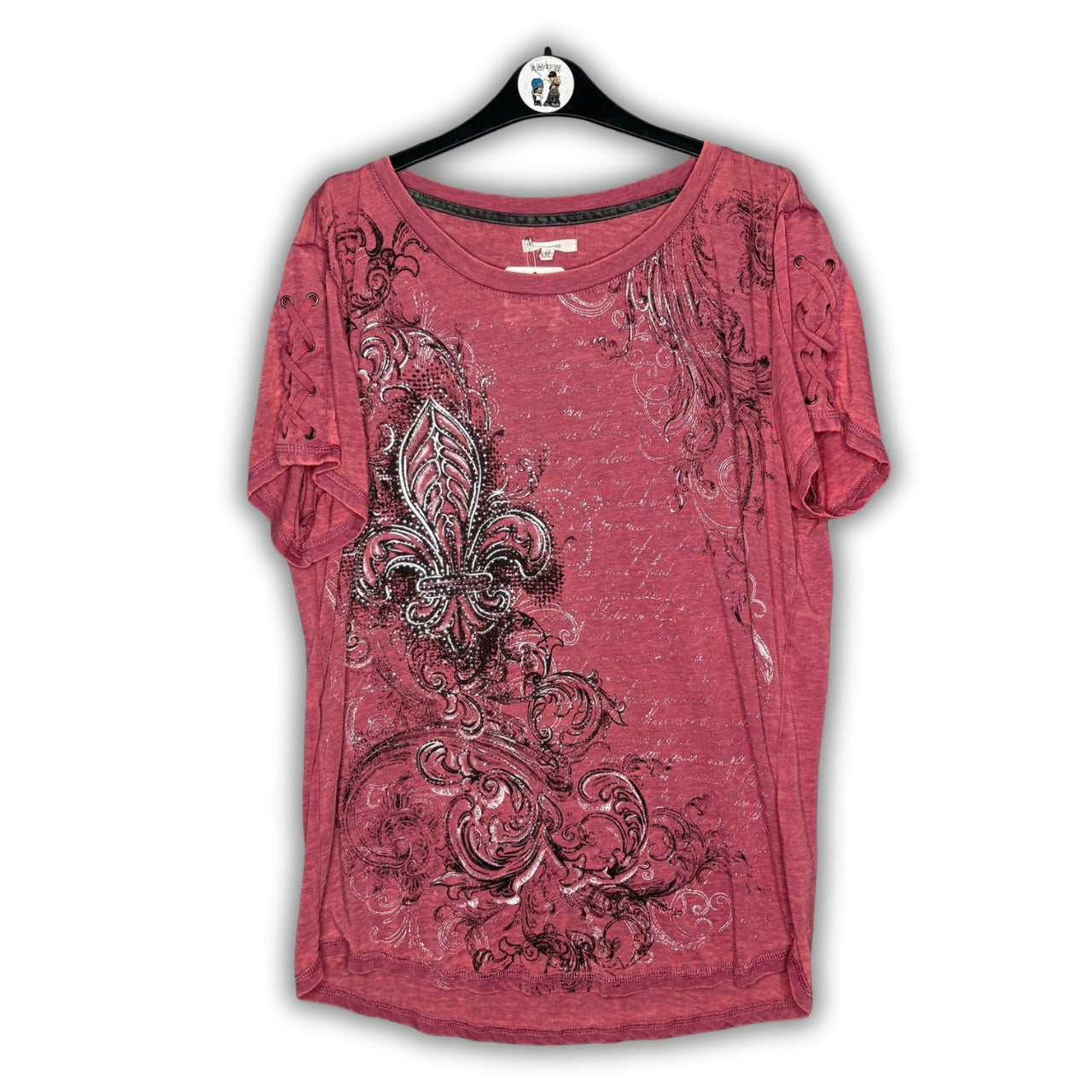 Maurices Pink Diamante Fleur De Lis & Baroque Corset Sleeve Grunge Top, Size XXL