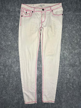 Load image into Gallery viewer, Raw Blue Y2K Pink Embroidered Angel Wing Gothic Cross Skinny 2000s Jeans, Size S
