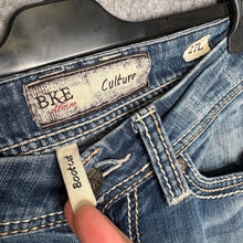 Load image into Gallery viewer, BKE Couture Bootcut Blue Y2K Embroidered Jeans, Size S/M
