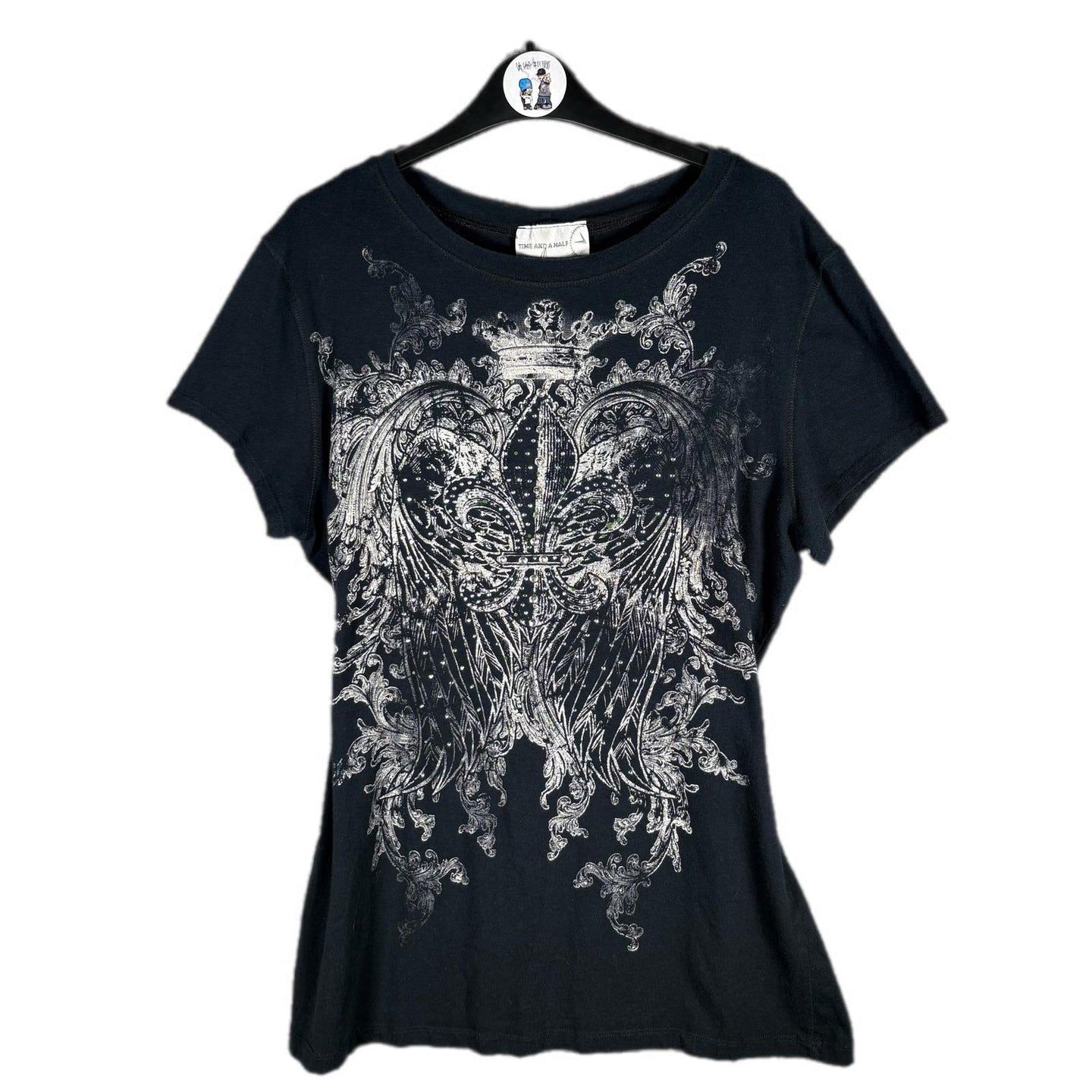 Time & A Half Angel Wings Graphic Top Black Women’s 2XL Rhinestone Detail
