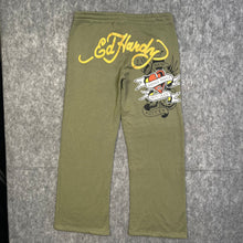 Load image into Gallery viewer, Ed Hardy Khaki Tattoo Y2K Flared Joggers, Size XL
