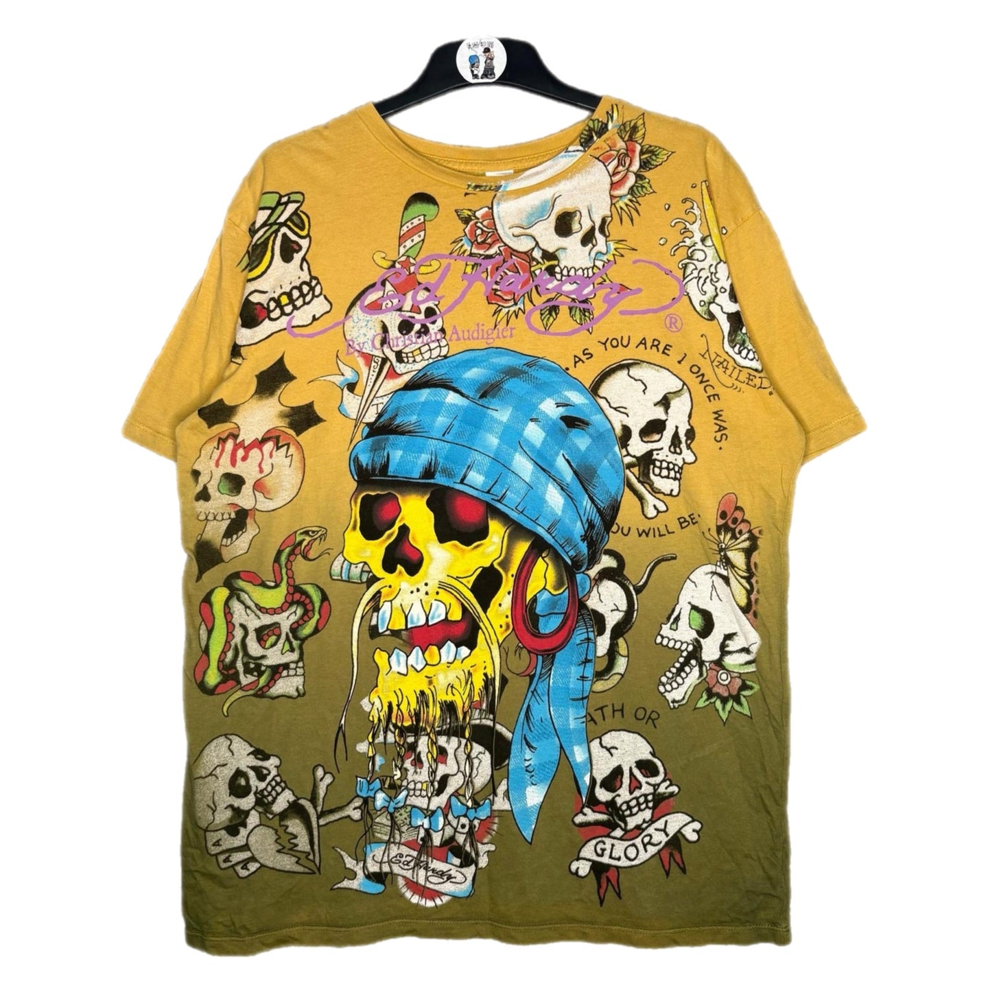 Ed Hardy Gothic Skull Y2K Yellow 2000s Top, Size XL