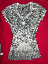 Load image into Gallery viewer, Y2K Fair Oaks Mcbling Grey Rhinestone Heart Gothic Cross, Size Small
