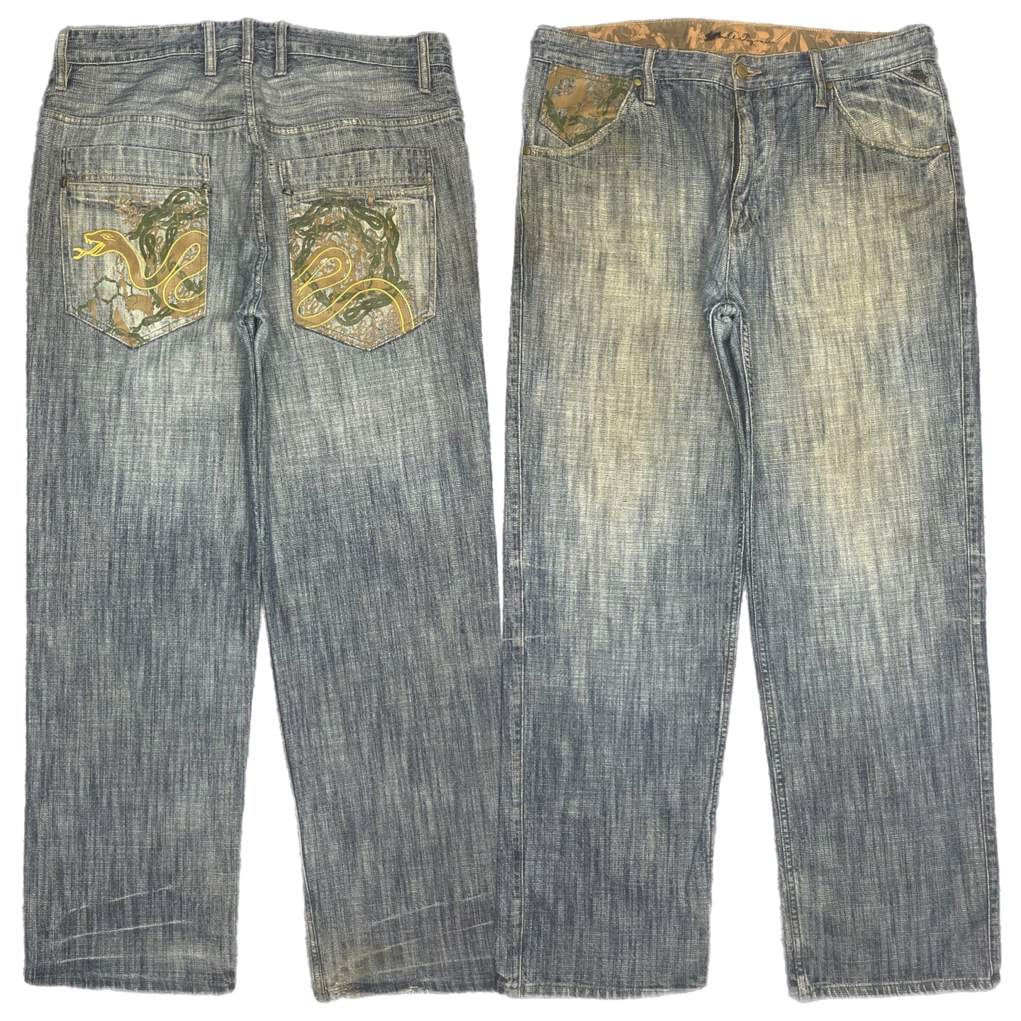 Snake Embroidered Y2K Vintage Mud Wash Blue Jeans, Size XL