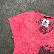 Load image into Gallery viewer, Faith Pink Diamante Cross With Wings Devore V-Neck Grunge Top
