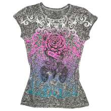 Load image into Gallery viewer, In Vein Y2K Grey Pink Mcbling Rose 2000s Top, Size Medium
