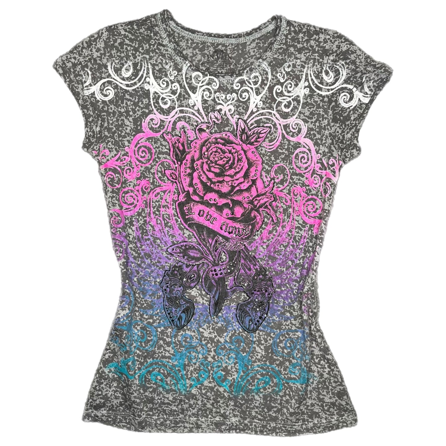 In Vein Y2K Grey Pink Mcbling Rose 2000s Top, Size Medium