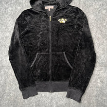 Load image into Gallery viewer, Juicy Couture Black Gold Y2K Mcbling Velour Crown 2000s Hoodie, Size Large
