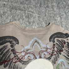 Load image into Gallery viewer, Affliction Grey Gothic Cross Angel Wing Rose Cyber Grunge Top, Size Medium
