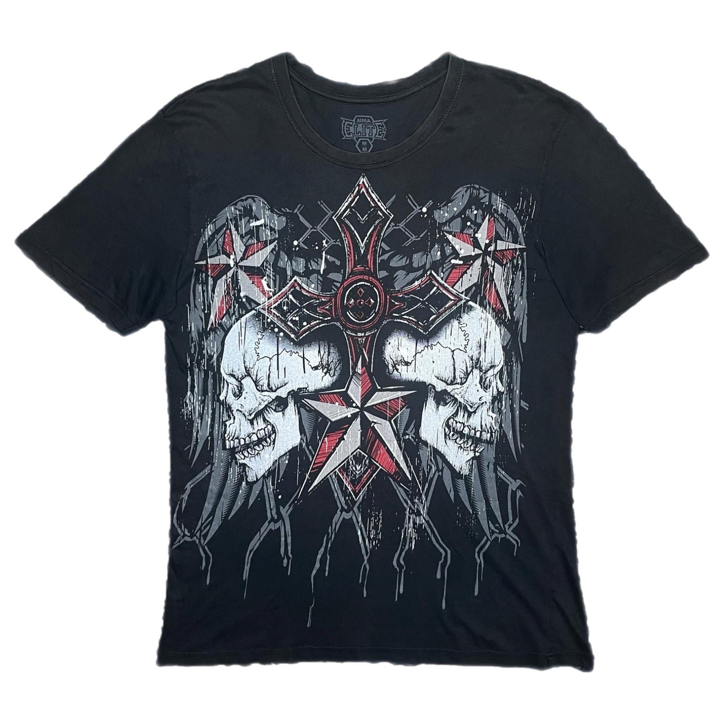 MMA Elite Black Red Gothic Cross Skull Wing Star Cyber 2000s Top, Size Medium