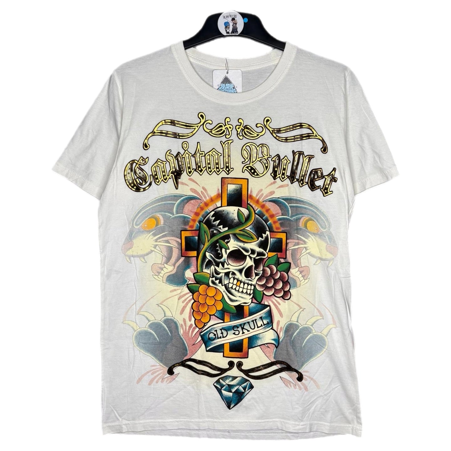 Capital Bullet White Gothic Cross Tattoo Skull Grunge Top, Size M