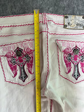 Load image into Gallery viewer, Raw Blue Y2K Pink Embroidered Angel Wing Gothic Cross Skinny 2000s Jeans, Size S
