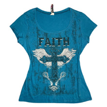 Load image into Gallery viewer, Ransom Faith Gothic Cross Y2K Angel Wing Blue Top, Size XL
